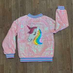 Lola + The Boys Unicorn Rainbow Sequin Bomber Girls Jacket Coat Zip Up Kids 10